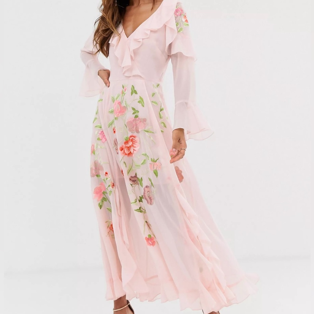 ASOS DESIGN embroidered wrap maxi dress with long sleeves - SIZE US 6